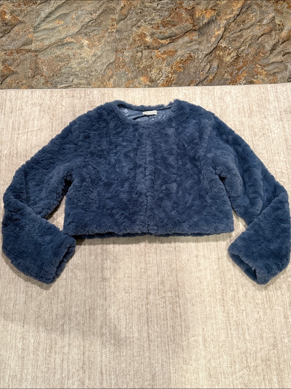 NWT Faux Fur Cropped Jacket - Navy Blue junior size medium